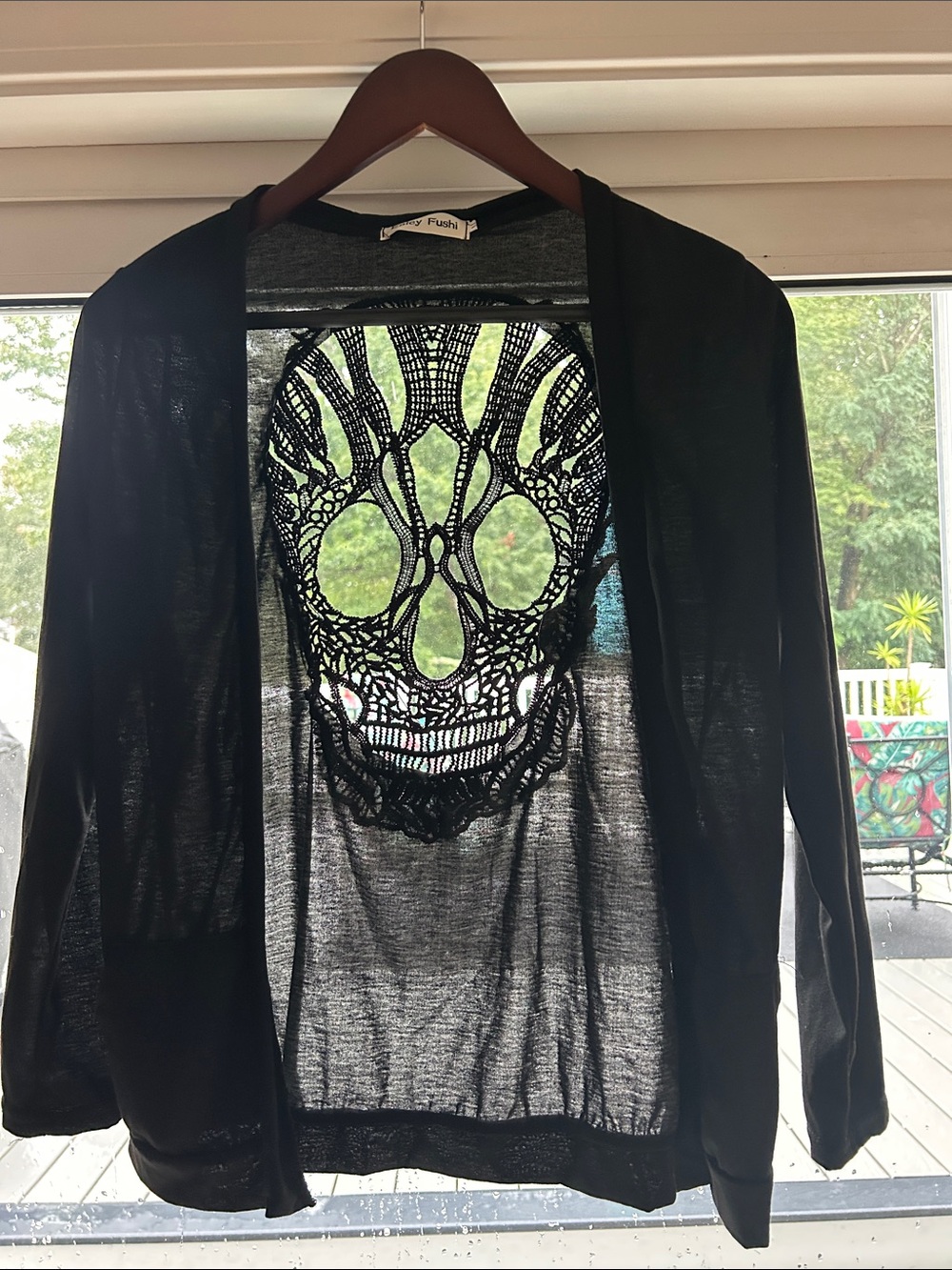 Black Open-Front Cardigan with Decorative Skull Lace Back